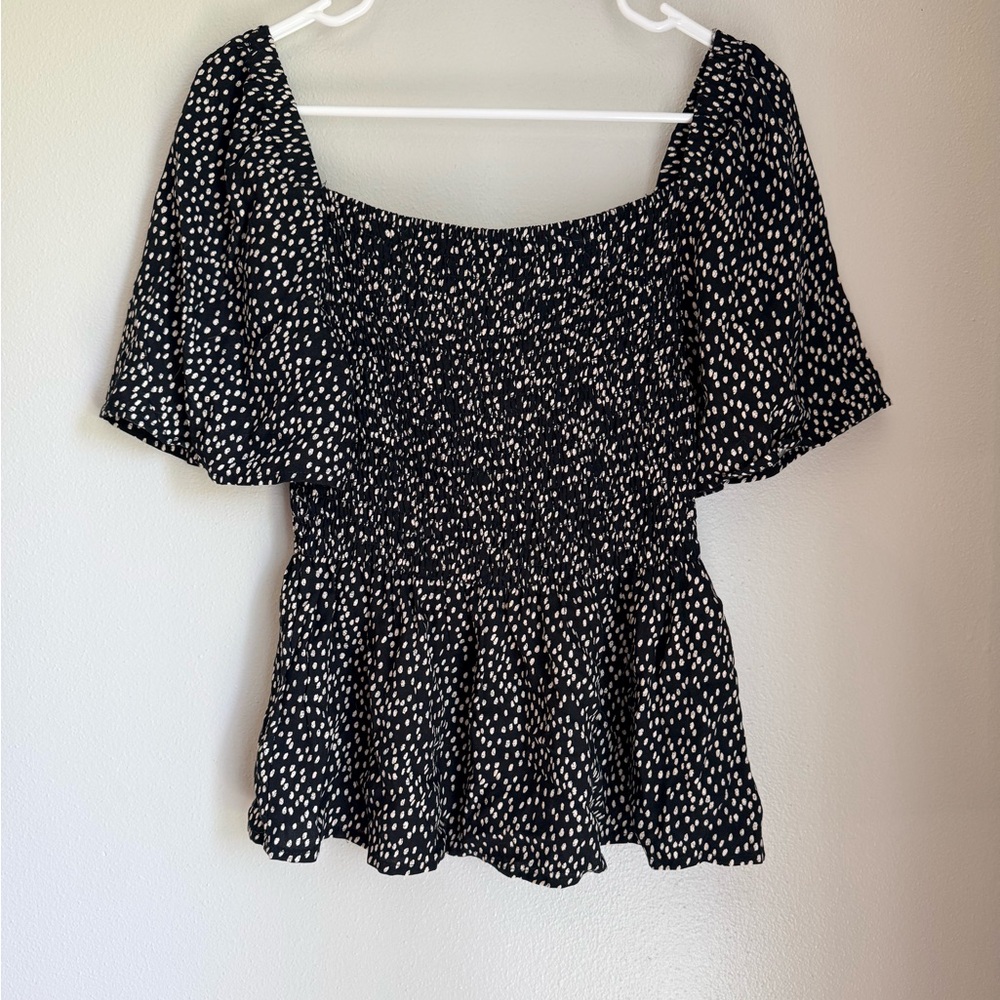 URBAN Romantics Black and Cream Smocked Peplum Blouse